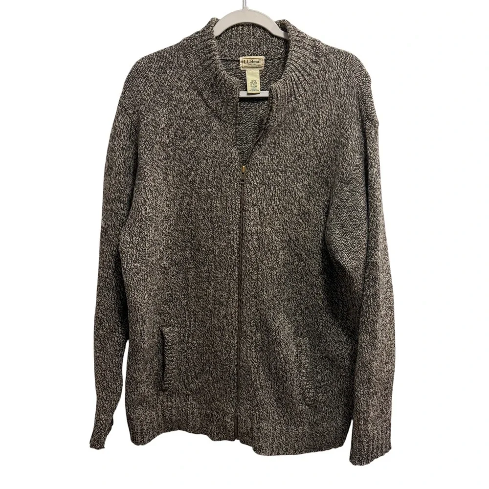 Vintage LL Bean Mens L Tall Shetland Wool Full Zip Cardigan Sweater Marled Brown